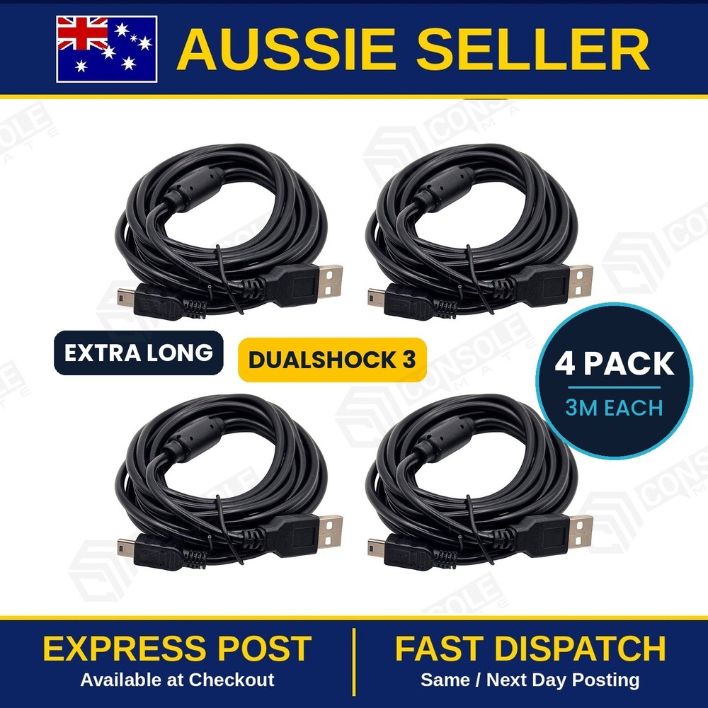 4x Extra Long 3m USB Charger Cable for PS3 DualShock 3 Controller