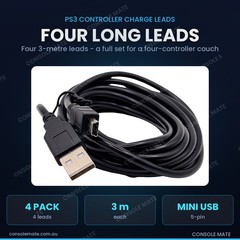 4x Extra Long 3m USB Charger Cable for PS3 DualShock 3 Controller