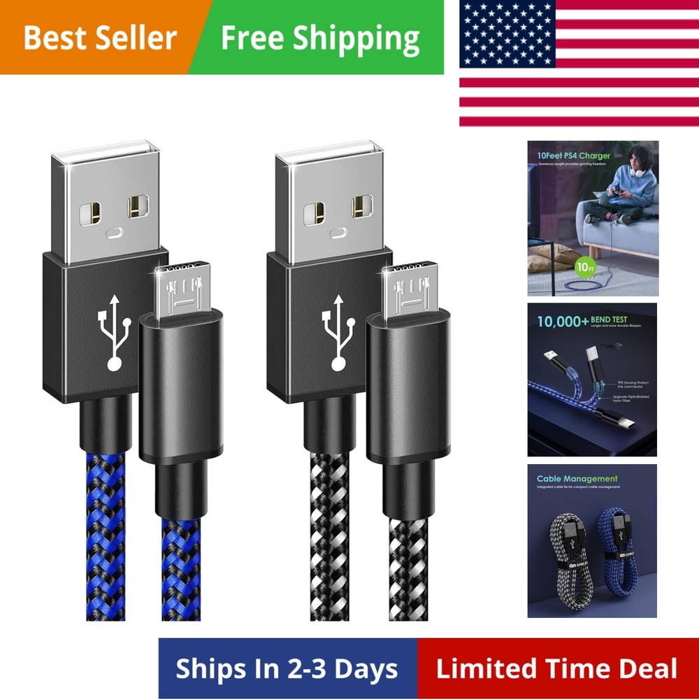 PS4 Controller Charger Charging Cable, 2 Pack 10ft Extra Long Micro USB 2.0 C…