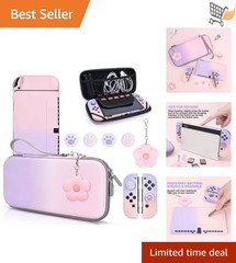 Pink Purple Gradient Carrying Case with 10 Slots Glitter Cat Paw Caps for Switch