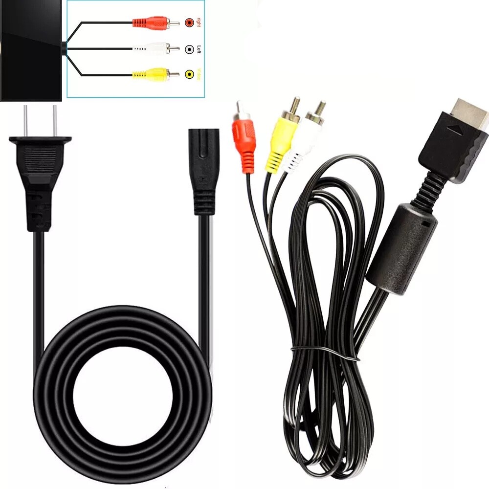 Audio AV RCA+AC Cable Power Supply Adapter Cord For 1/2 PS2 FAT Sony Playstation