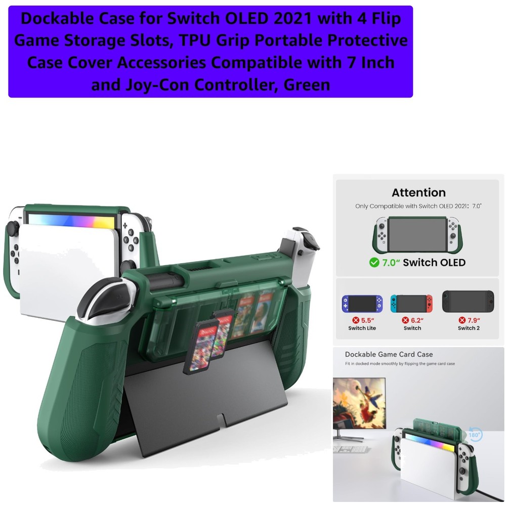 Dockable Case for Switch OLED 2021 with 4 Flip Game Storage Slots, TPU Grip P…