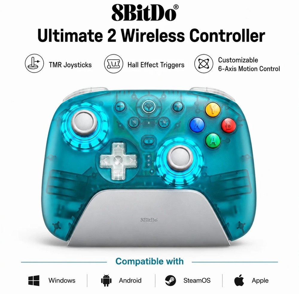 8BitDo Ultimate 2 Wireless Controller for Windows PC, Steam & Android,Clear Blue